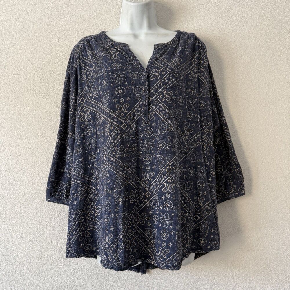 Lucky Brand Boho Bandana Print Peasant Blouse Navy Blue Split V-Neck Plus 1X
